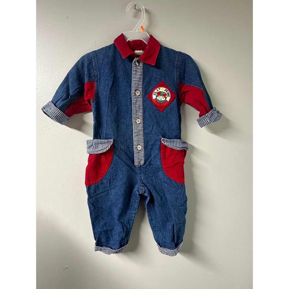 Vintage Play Zone Kids Denim Coverall Red Corduroy Hickory Stripe Jumpsuit Blue
